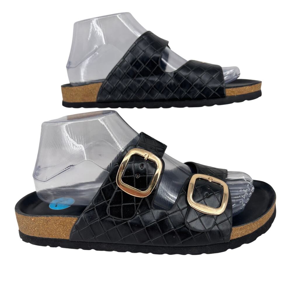 Joie Lang Sandals Size 7.5 Black Buckle Straps Embossed Faux Leather Cork